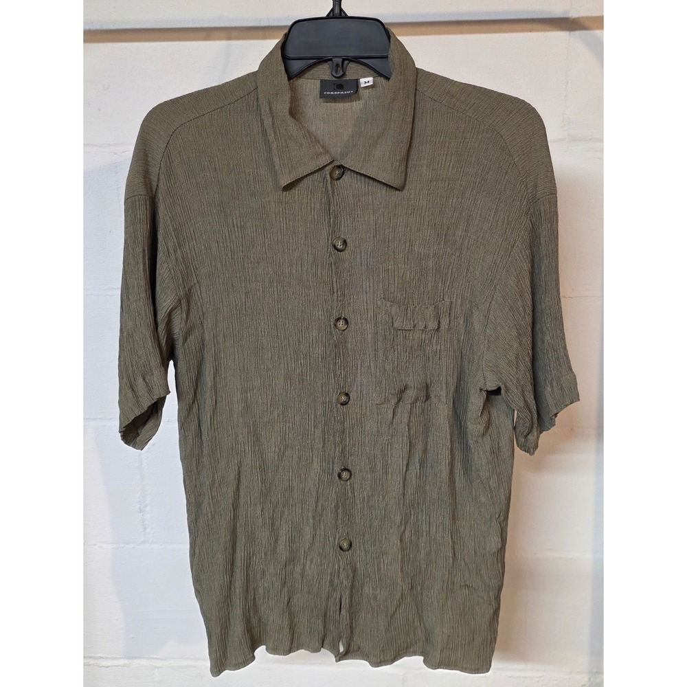 Vintage Consensus Mens M Olive Green Crinkle Texture Short Sleeve Button Shirt